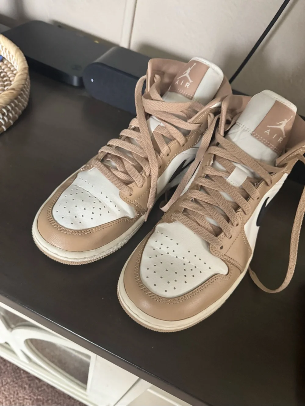 Jordan Mid Sneakers in White, Tan & Black